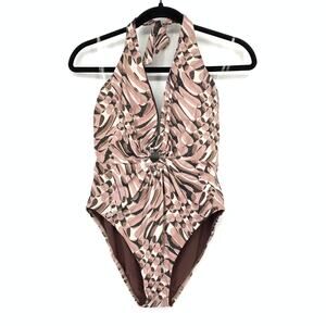 Seafolly Halter Plunge Neck Tie Knot Front One Piece Swimsuit Metallic US Sz 10